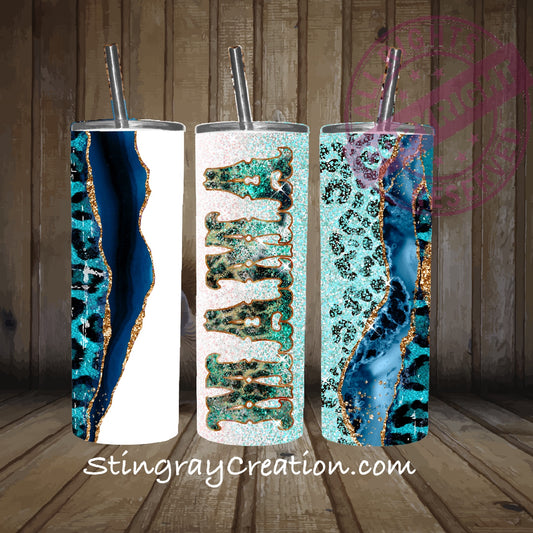 Personalized Mama Blue Leopard Geode 20oz Skinny Tumbler | Glitter Mom Gift