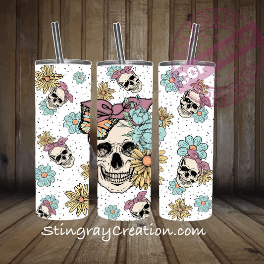 Floral Skull Butterfly 20oz Skinny Tumbler | Boho Gothic Stainless Steel Travel Cup