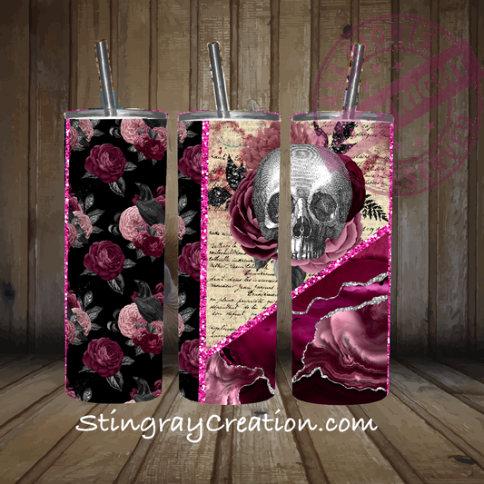 Gothic Floral Skull Tumbler | Pink Rose Skull Stainless Steel Insulated Cup with Straw